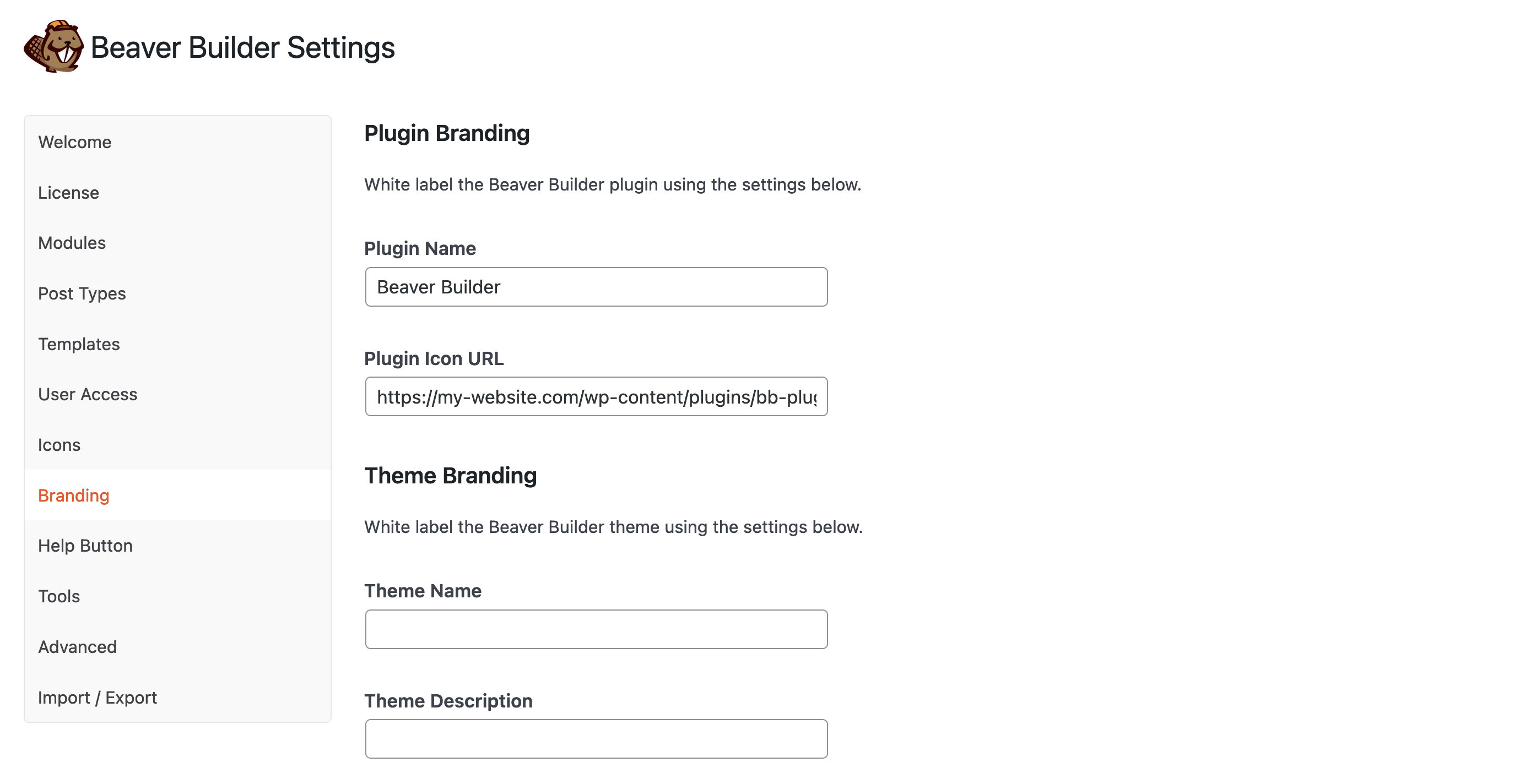 Access the Beaver Builder setting's branding tab