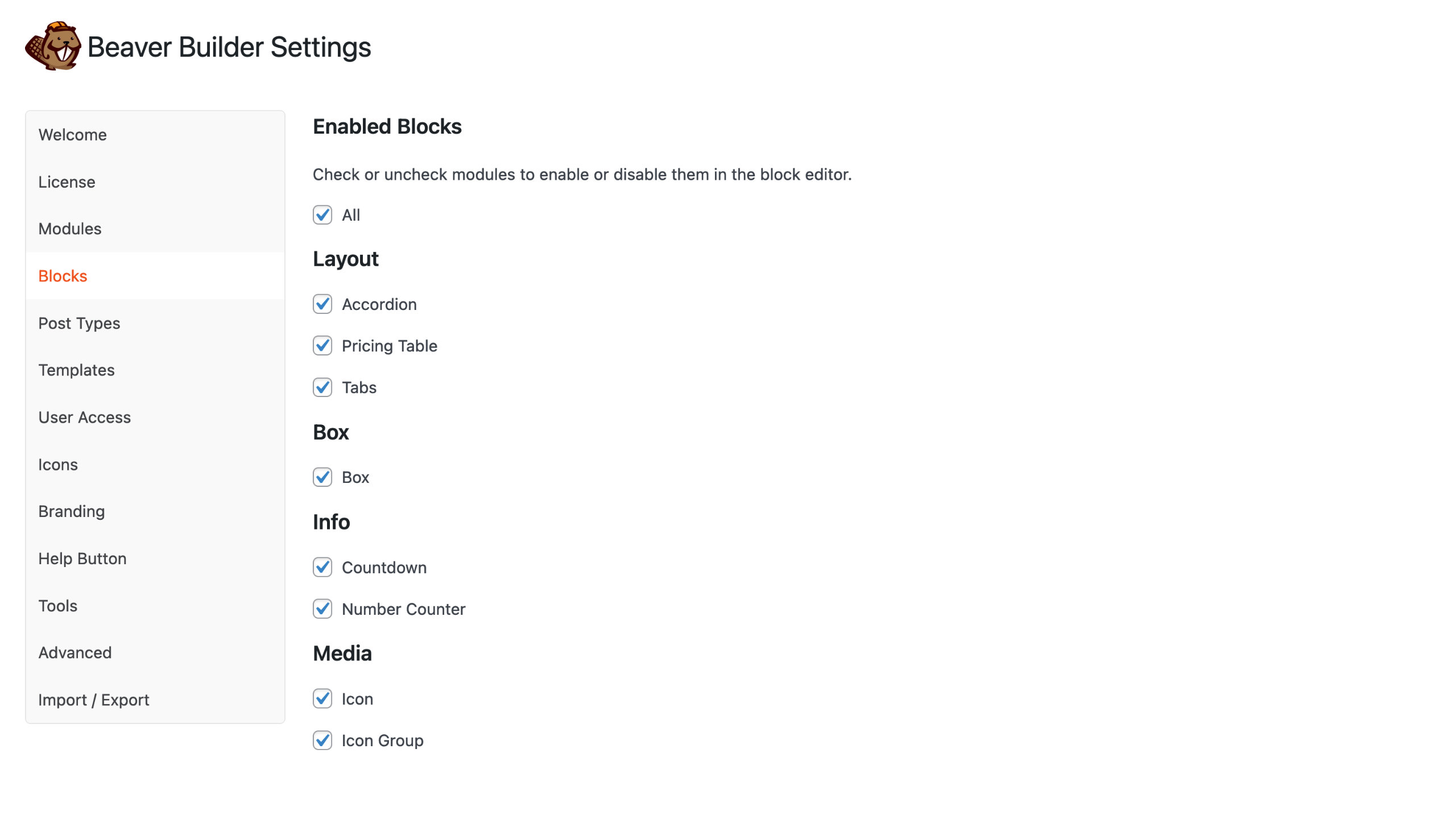 Access the Beaver Builder setting's modules tab