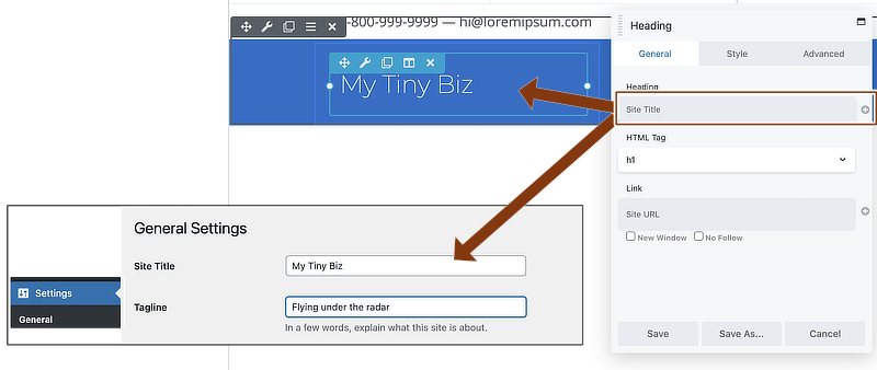 Themer Header layout template's Heading module field connection to Site Title